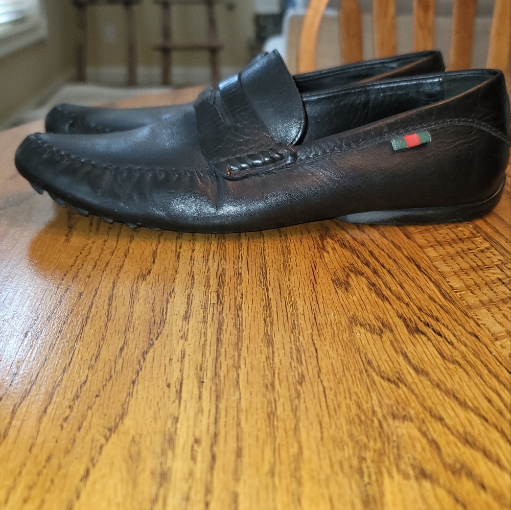 Gucci GG Logo Black Genuine Leather Drivers Loafers Shoes